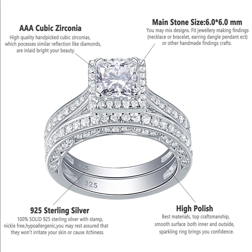 Sterling Silver Engagement Wedding Ring Set